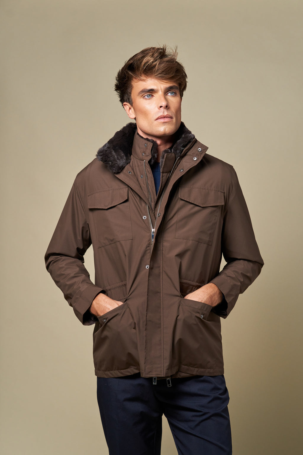 Technical Fur Collar Field Jacket | Brown