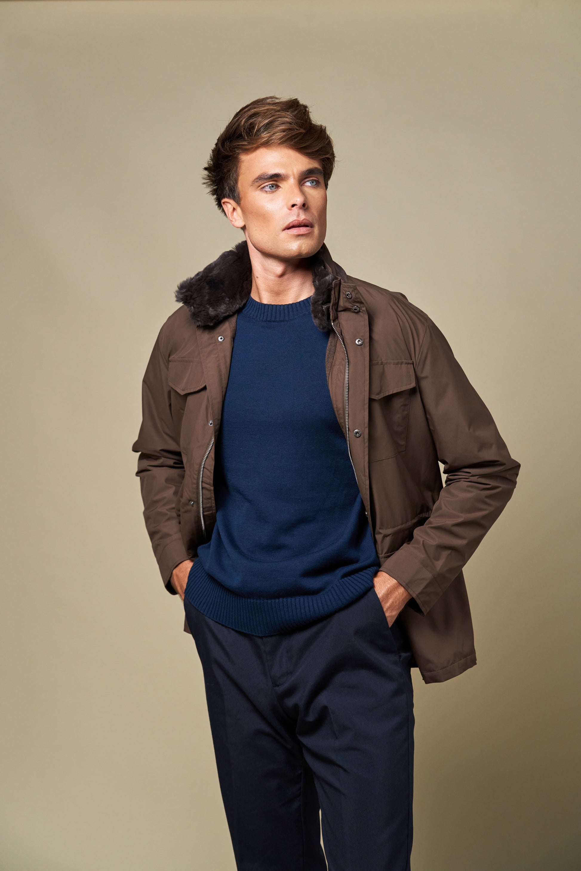 Technical Fur Collar Field Jacket | Brown