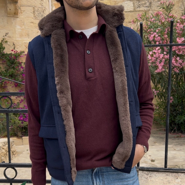 Navy Fur Lined Wool vest