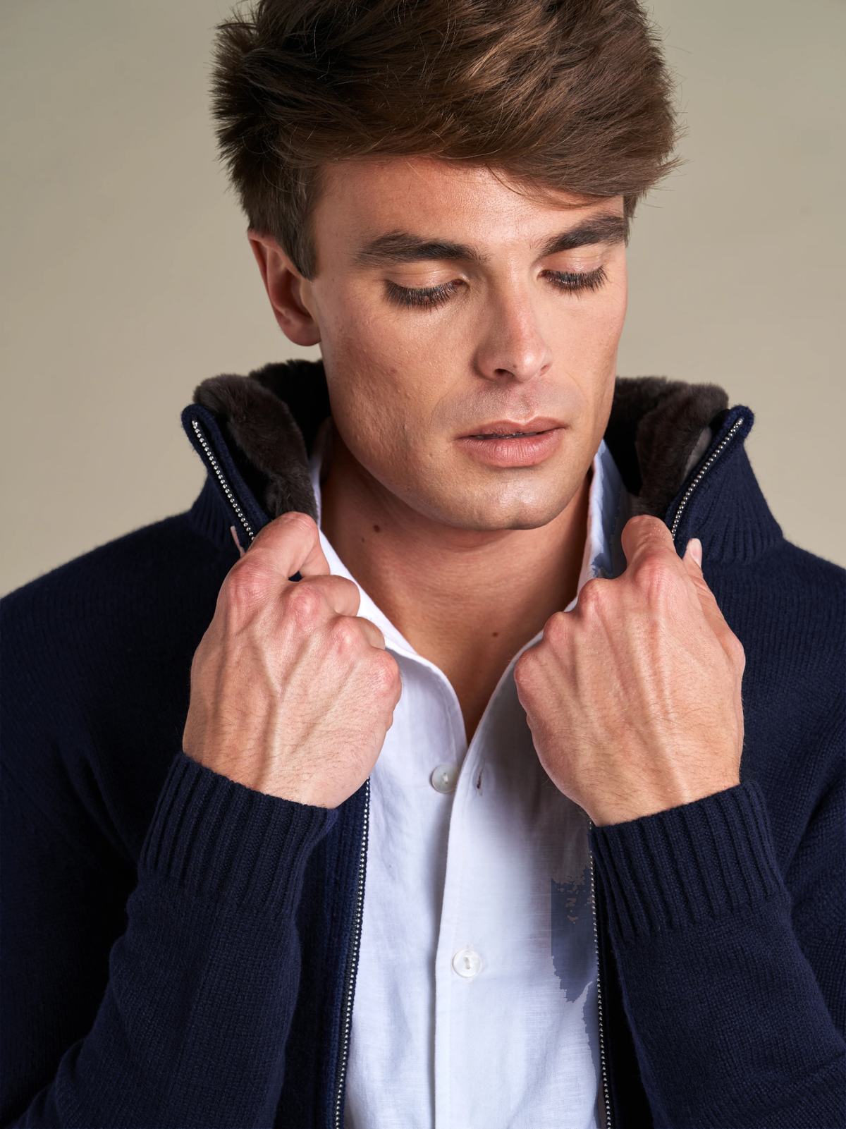 Genuine Fur Collar Cardigan | Navy