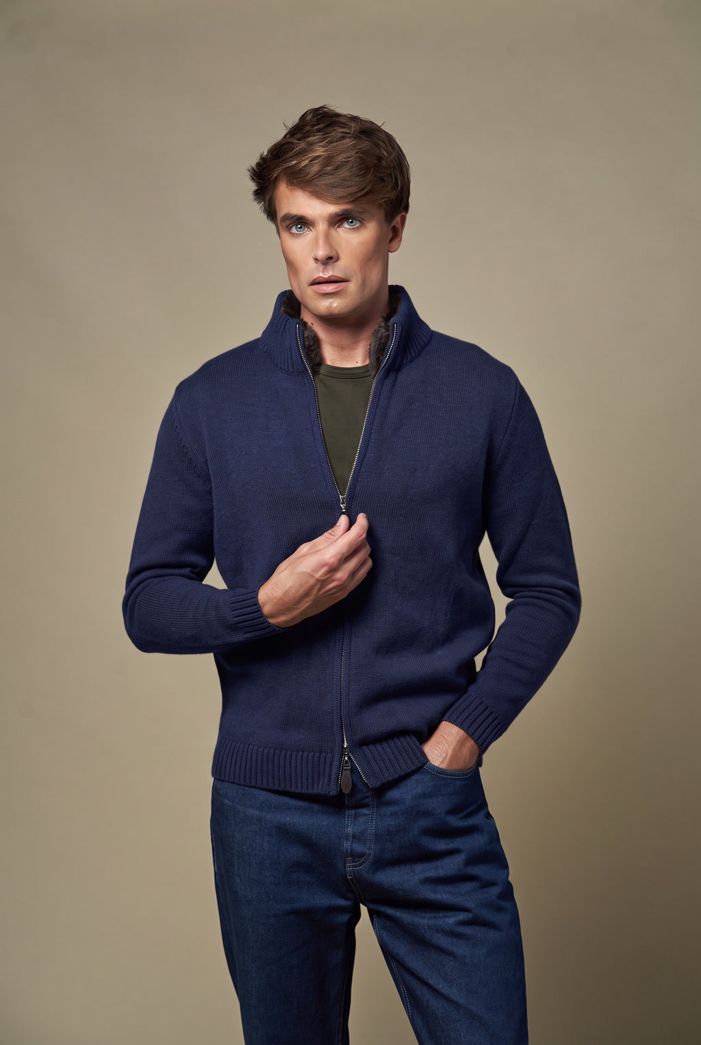 Genuine Fur Collar Cardigan | Navy