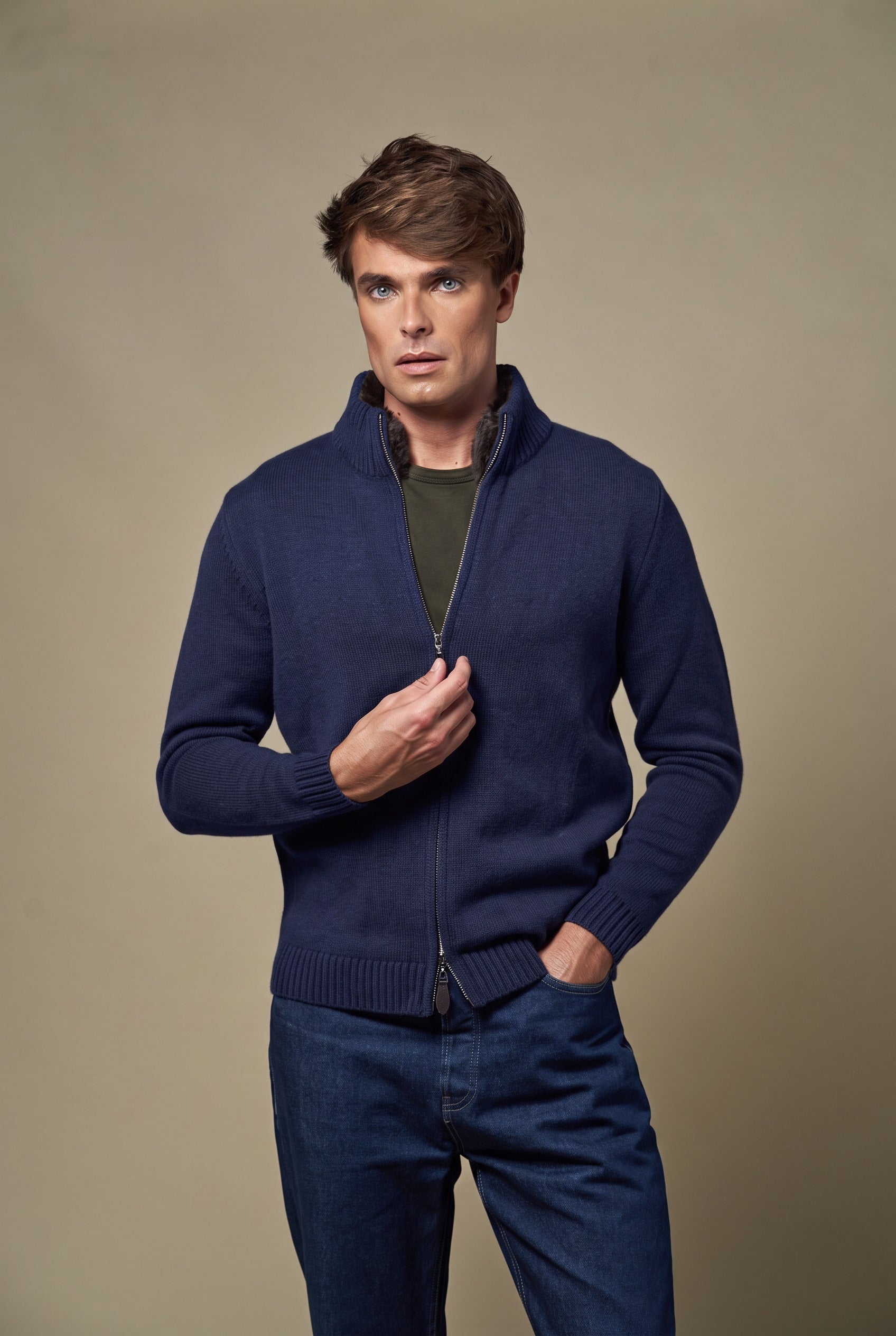Genuine Fur Collar Cardigan | Navy