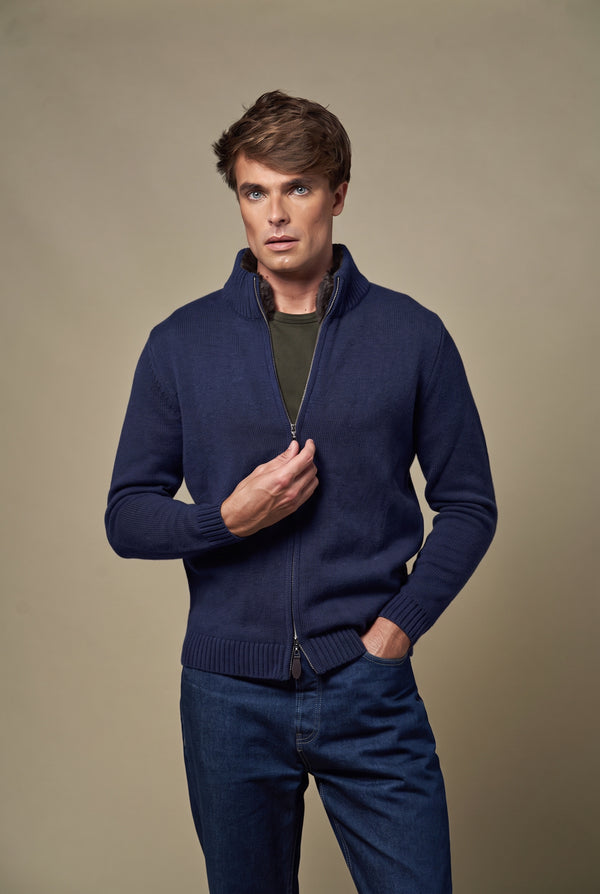 Genuine Fur Collar Cardigan | Navy