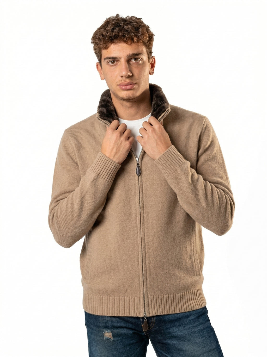 Fur Collar Wool Zip Up | Sand
