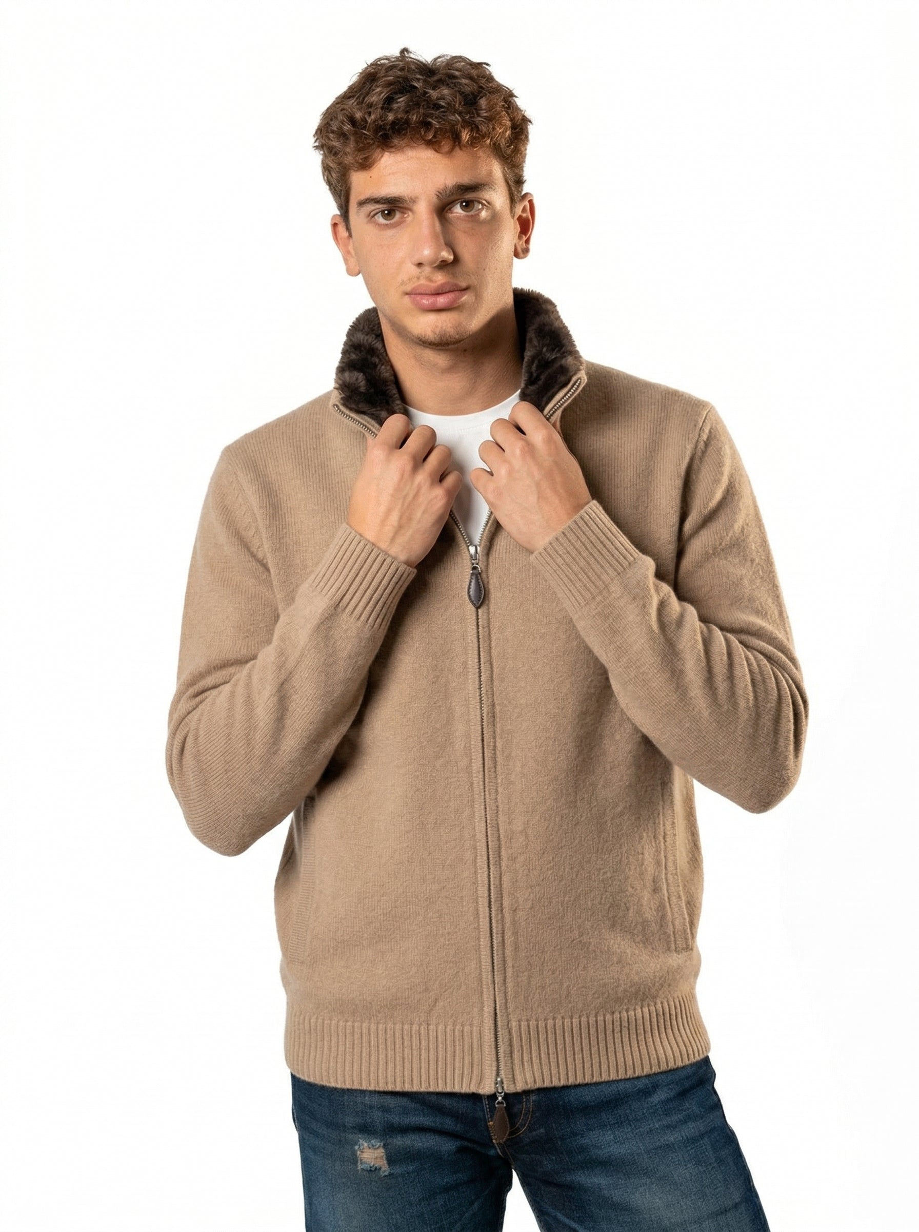Fur Collar Wool Zip Up | Sand
