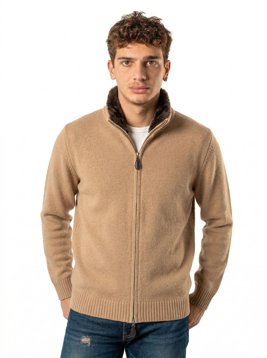 Fur Collar Wool Zip Up | Sand