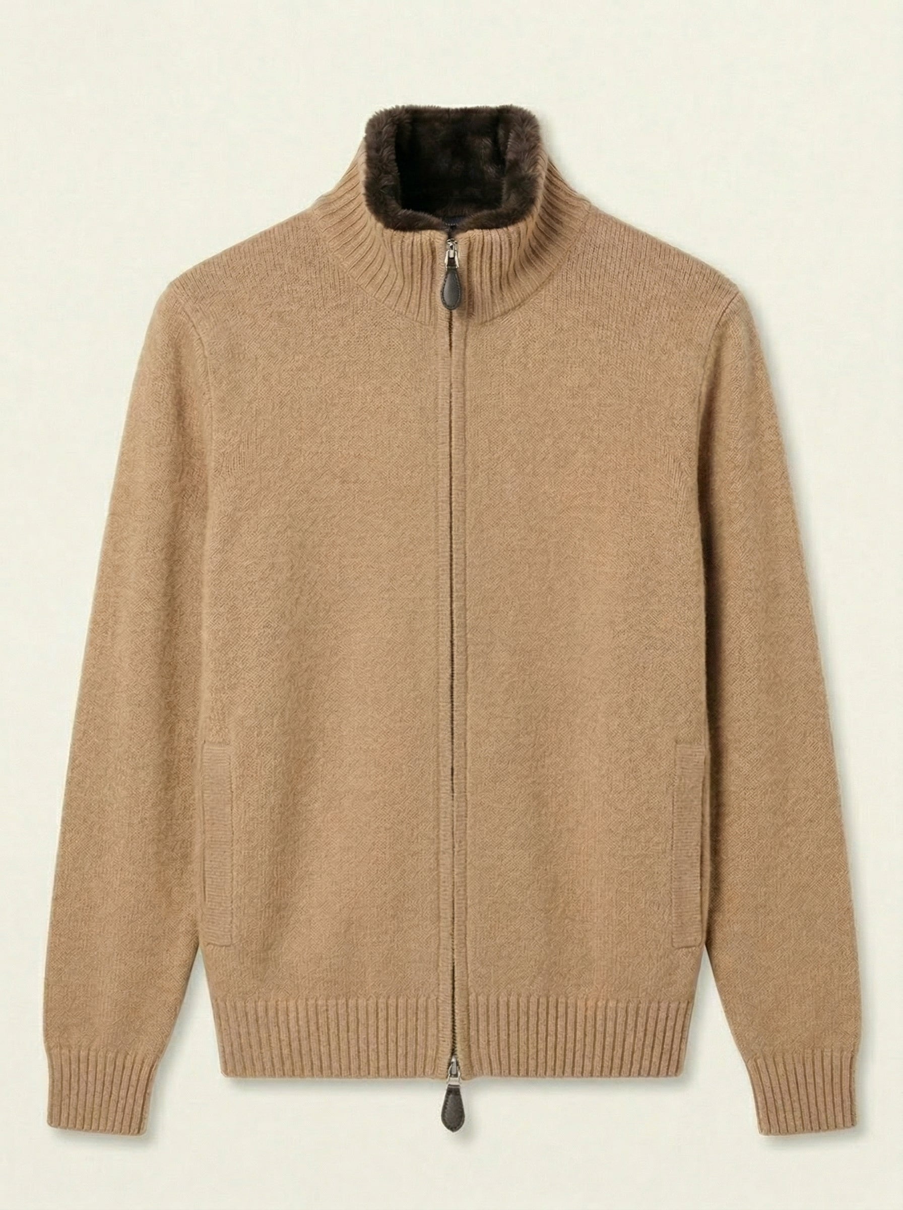 Fur Collar Wool Zip Up | Sand