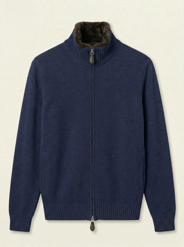 Fur Collar Wool Zip Up | Navy