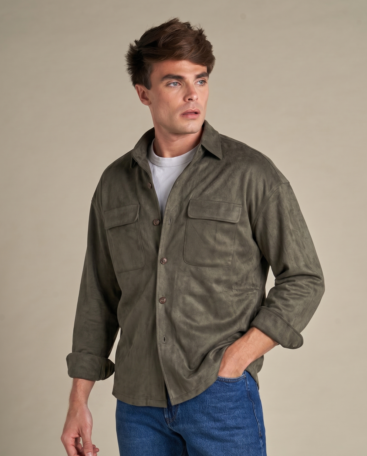 Faux Suede Overshirt | Khaki Green