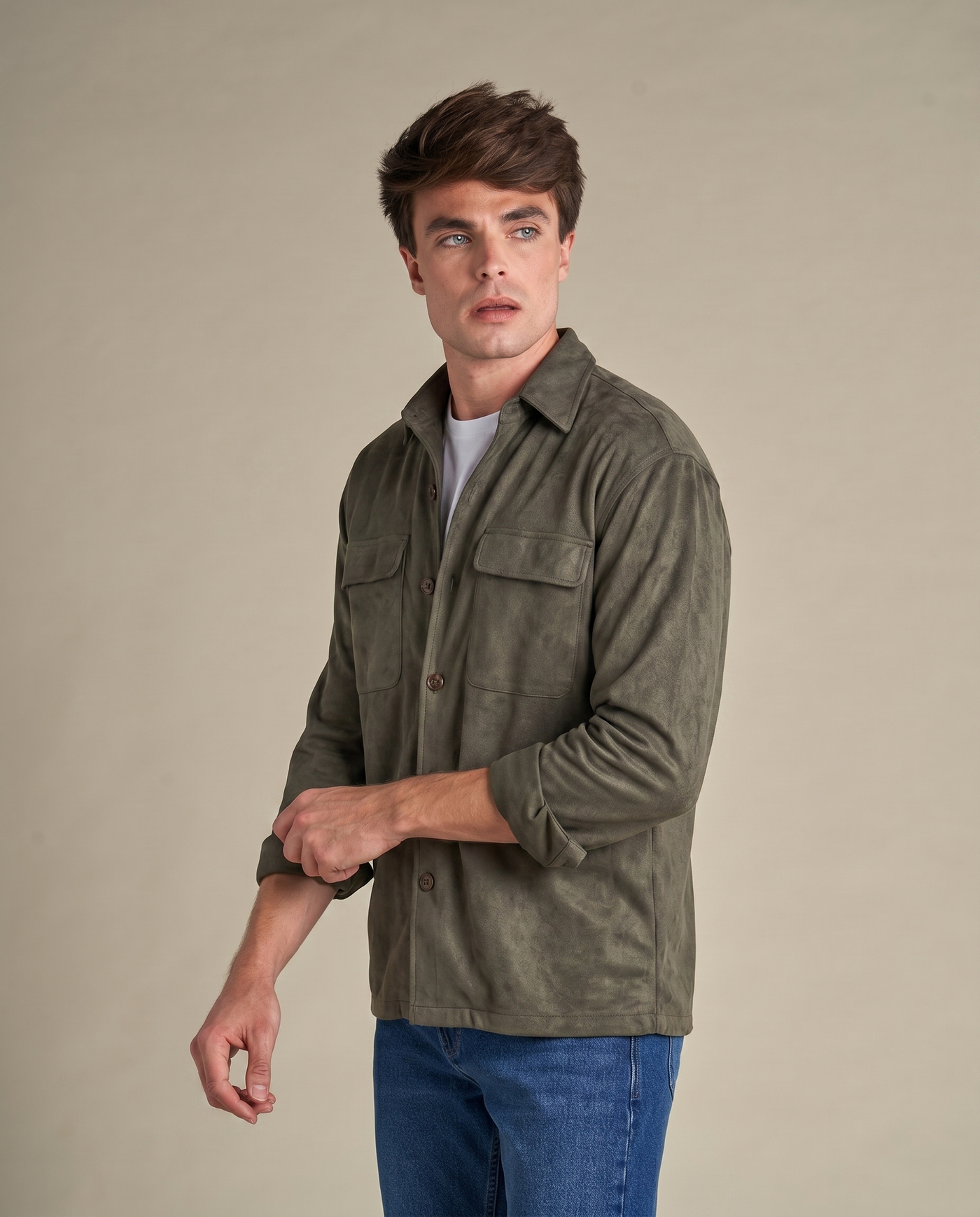 Faux Suede Overshirt | Khaki Green