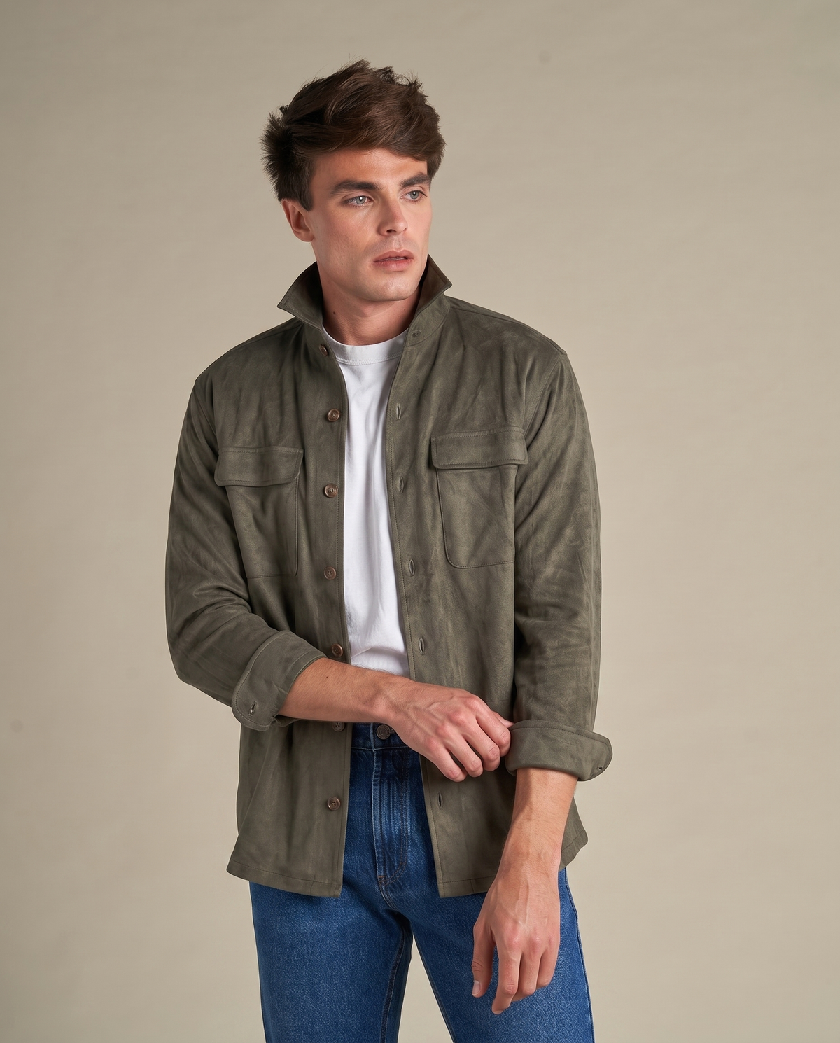Faux Suede Overshirt | Khaki Green