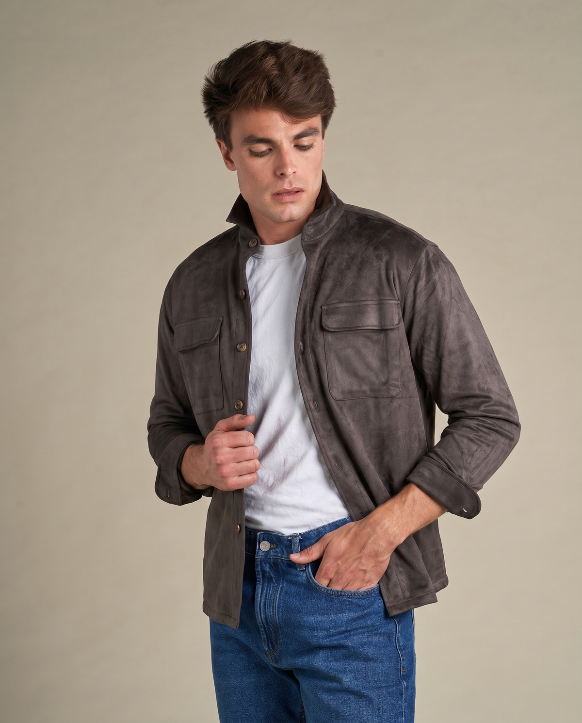 Faux Suede Overshirt | Brown