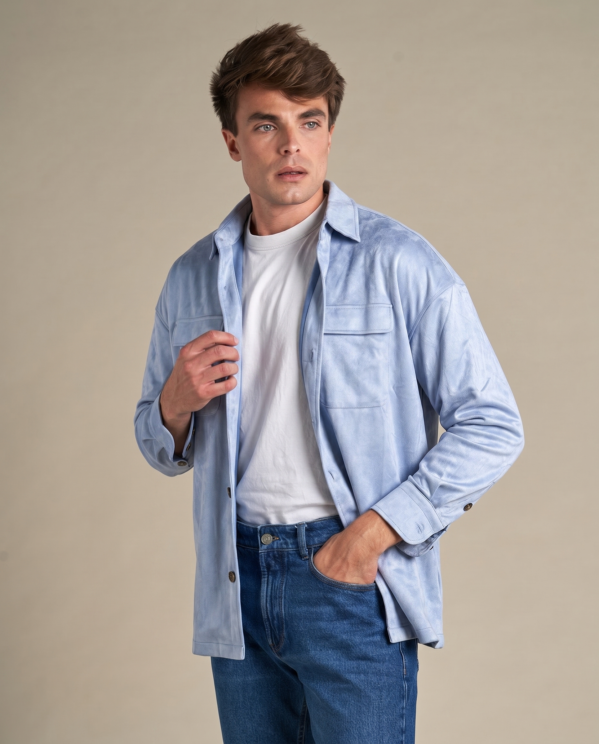Faux Suede Overshirt | Sky Blue