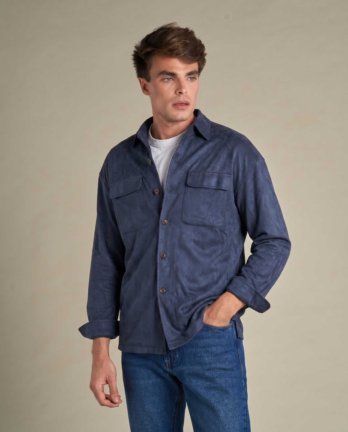Faux Suede Overshirt | Navy