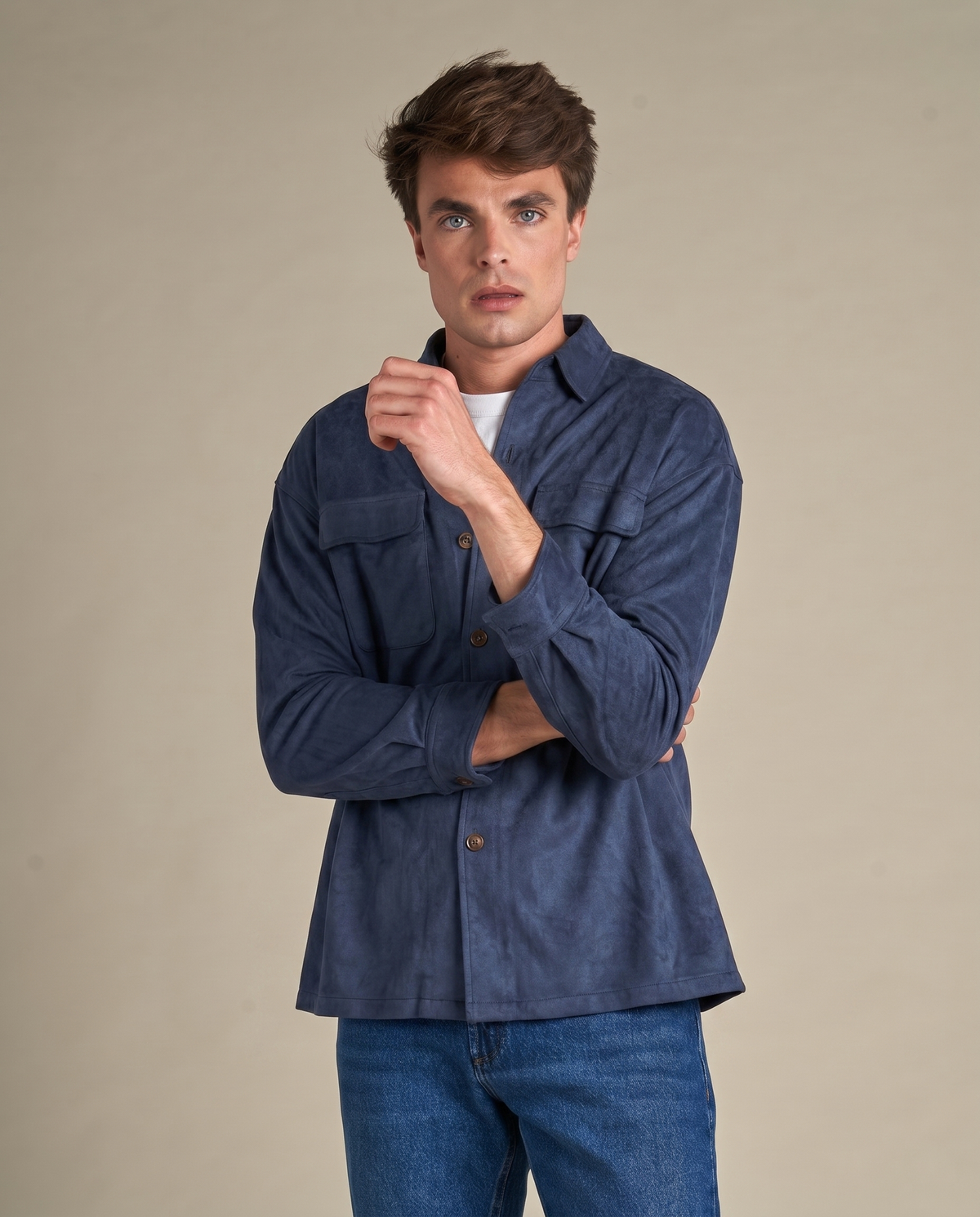 Faux Suede Overshirt | Navy