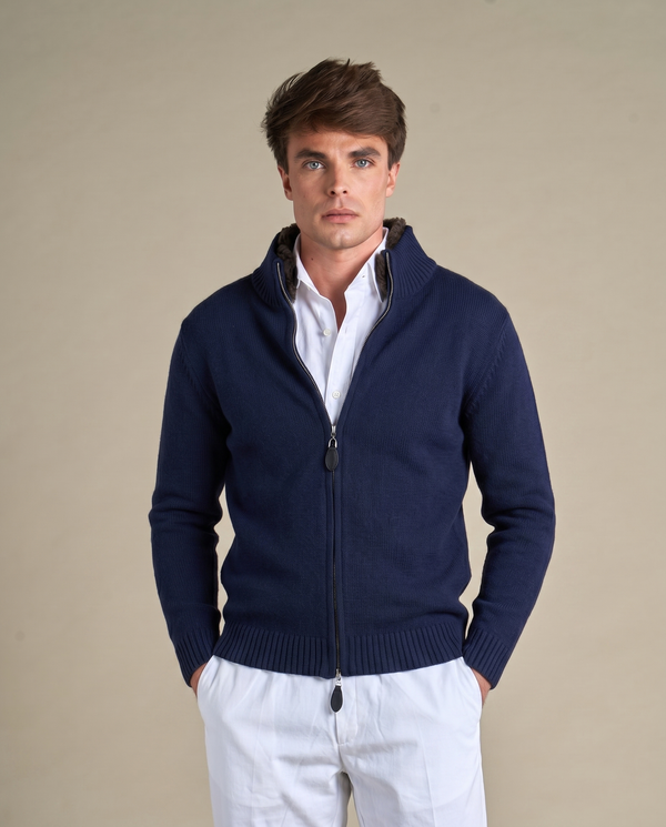 Fur Collar Wool Zip Up | Navy