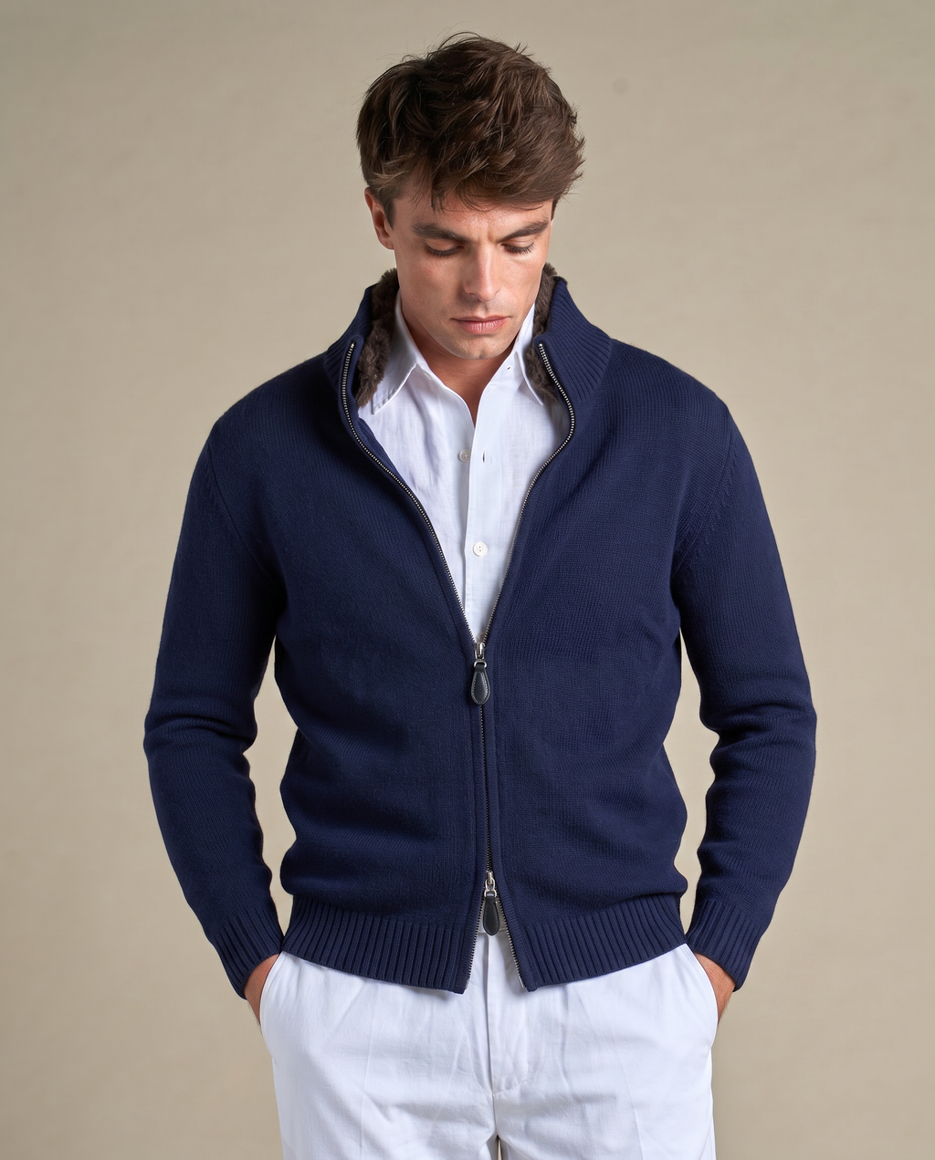 Fur Collar Wool Zip Up | Navy