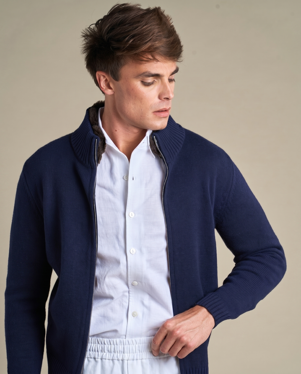 Fur Collar Wool Zip Up | Navy