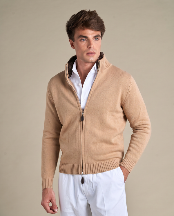 Fur Collar Wool Zip Up | Sand