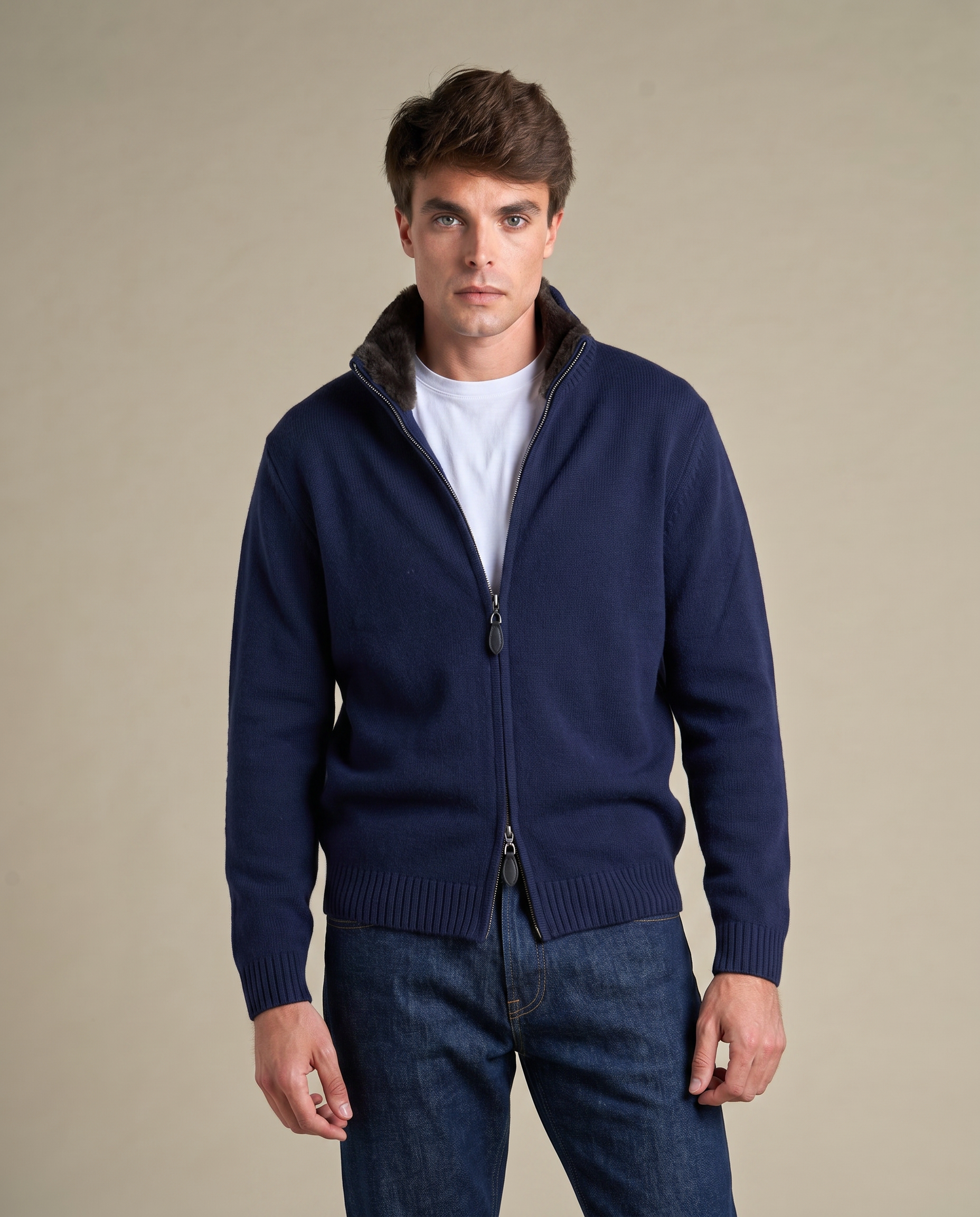 Fine Knit Fur Collar Cardigan | Navy