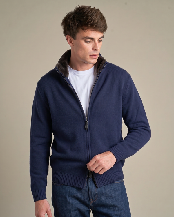 Fur Collar Wool Zip Up | Navy
