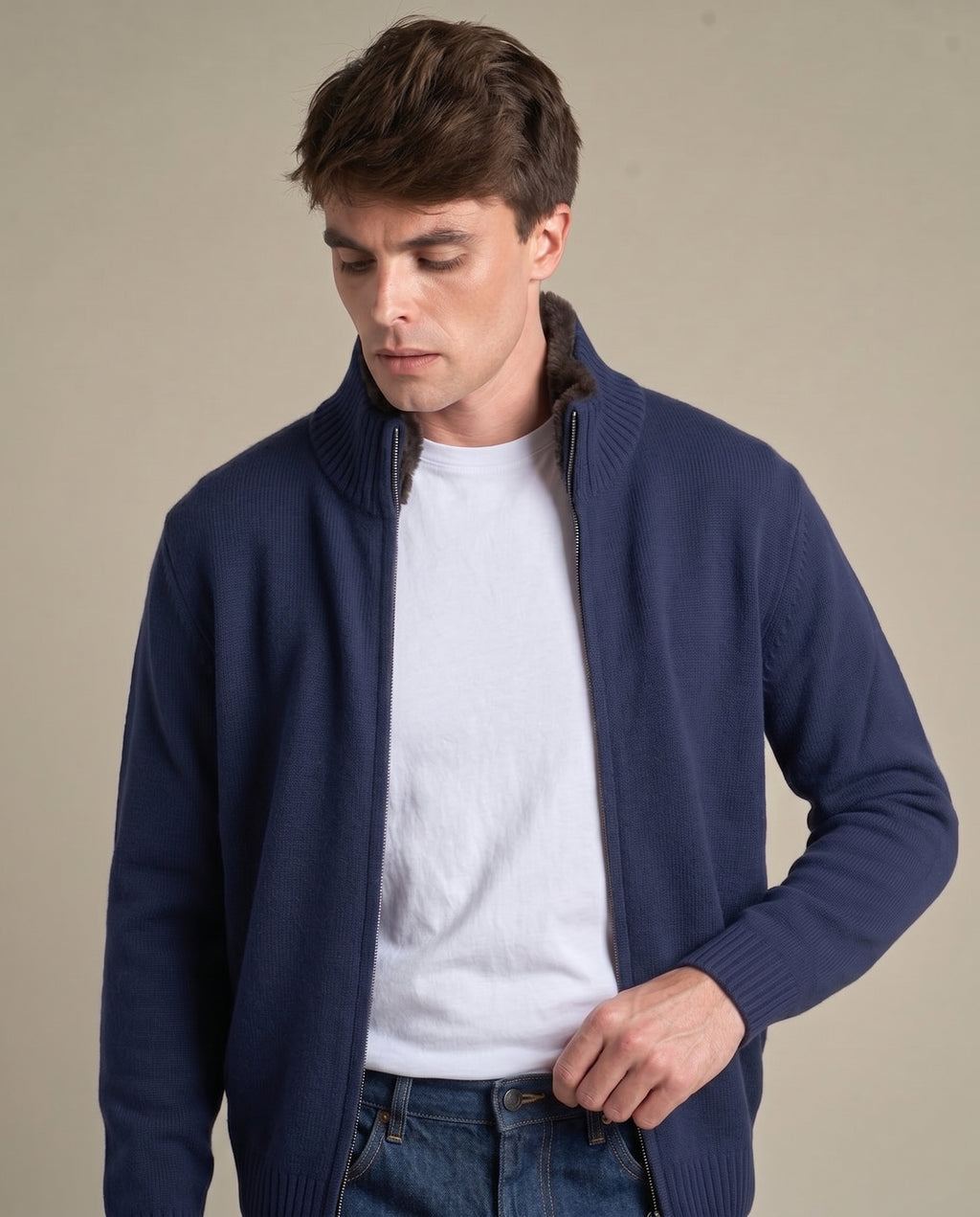 Fine Knit Fur Collar Cardigan | Navy