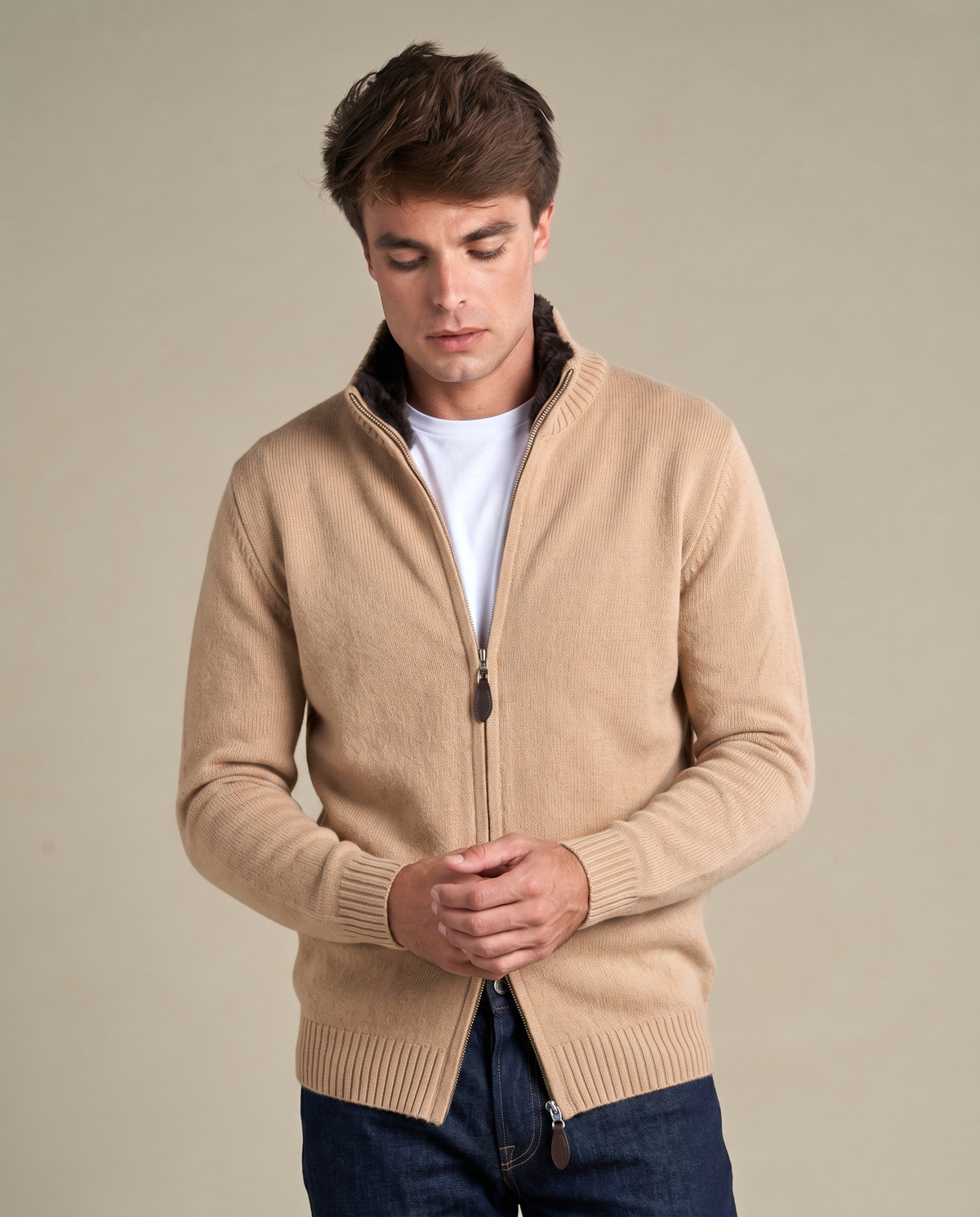 Genuine Fur Collar Cardigan | Sand