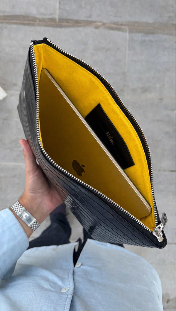 Crocodile Embossed Laptop Pouch | Black