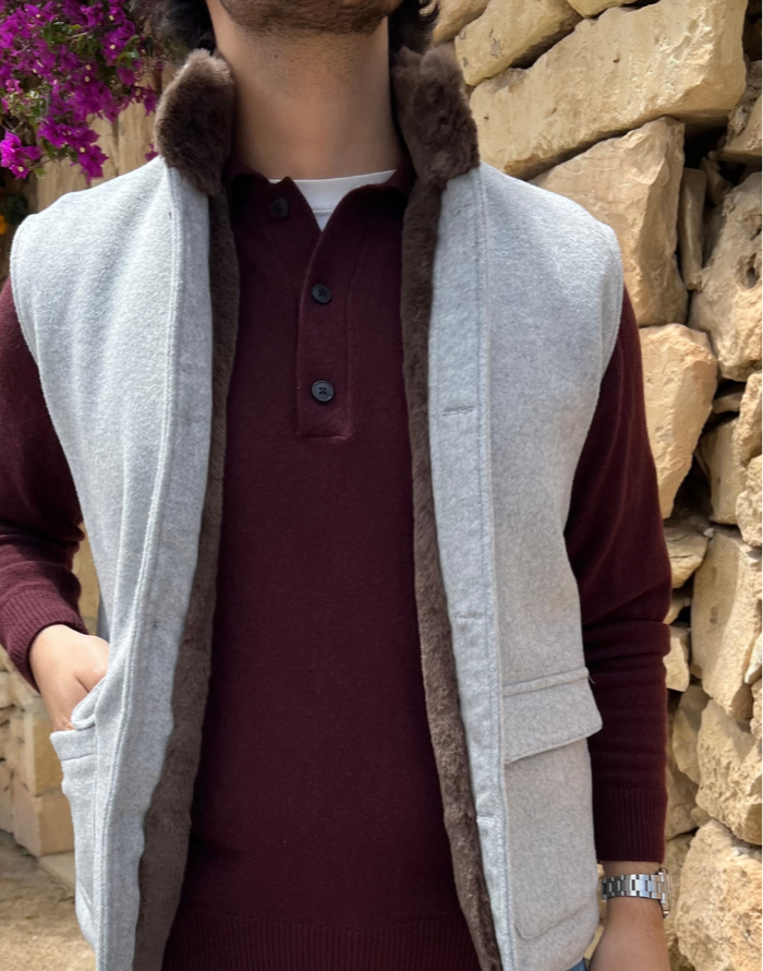 Grey Fur Lined Wool Vest