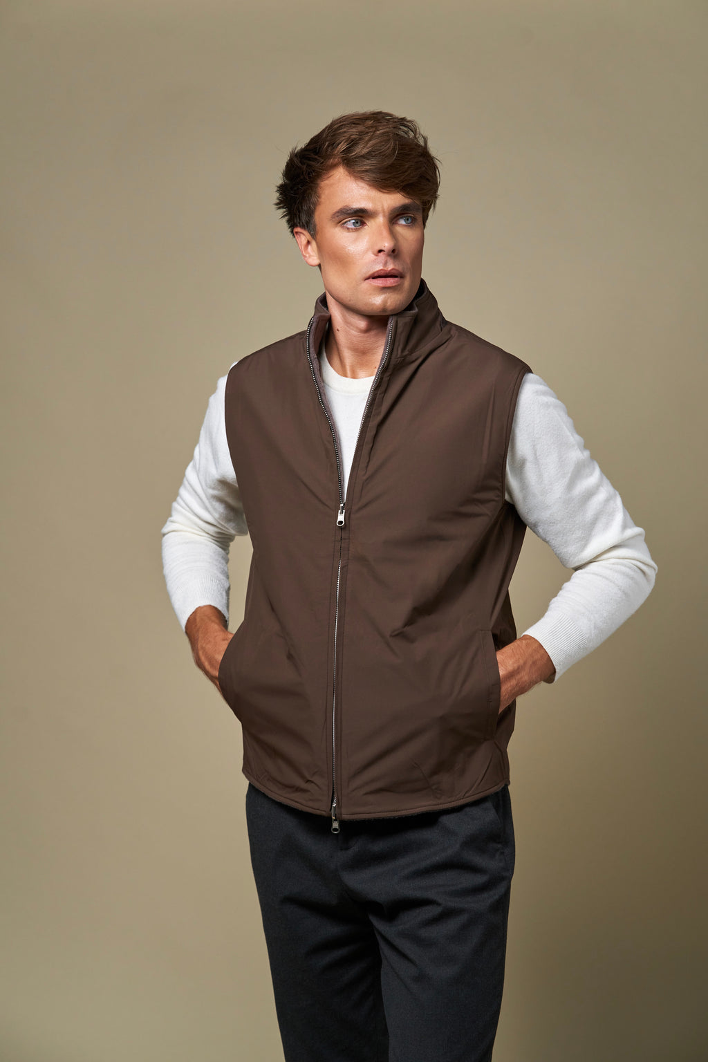 Reversible Wool Gilet | Taupe/Brown