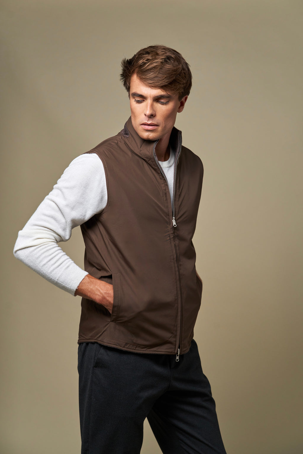 Reversible Wool Gilet | Taupe/Brown