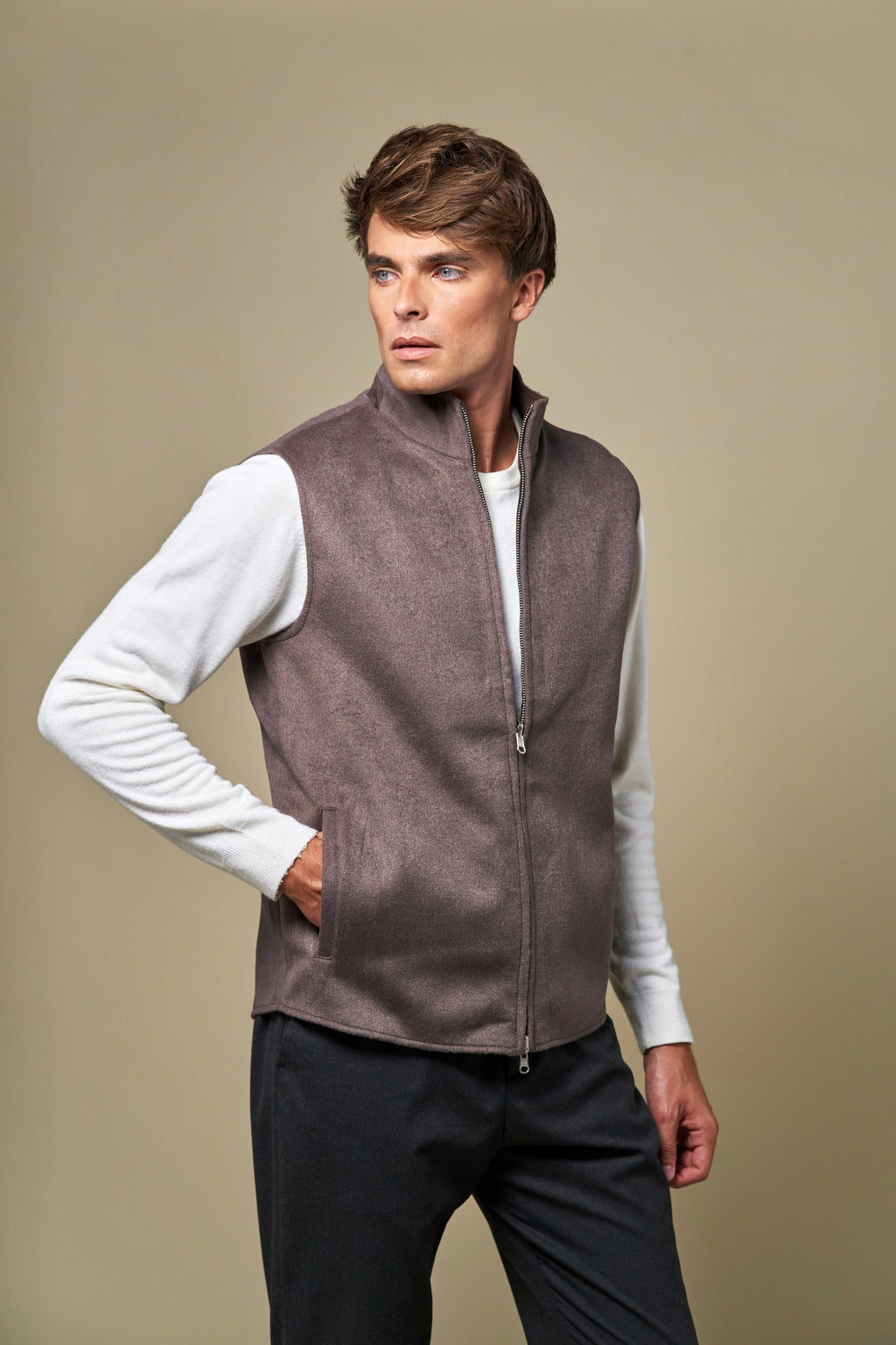 Reversible Wool Gilet | Taupe/Brown